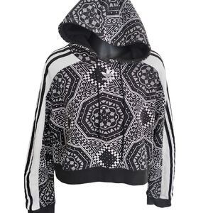 Adidas | Womens Cotton Cropped Hoodie Kaleidoscope Print Black & White | Size Sm